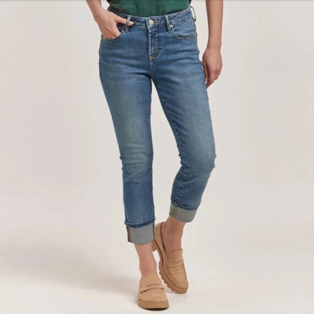 DEAR JOHN SZ 31 BLAIRE STRAIGHT LEG Stretch Distressed Cuffed 5Pocket Blue Jeans
